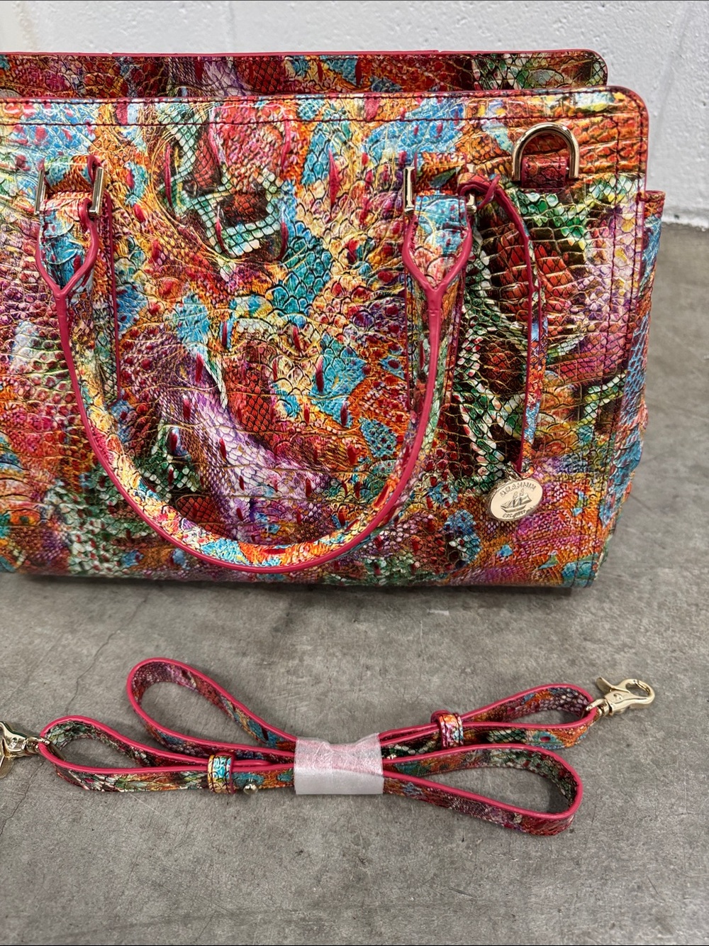 Brahmin “Small Finley” Embossed Leather Satchel - Red, Turquoise, Orange - Picture 9 of 9